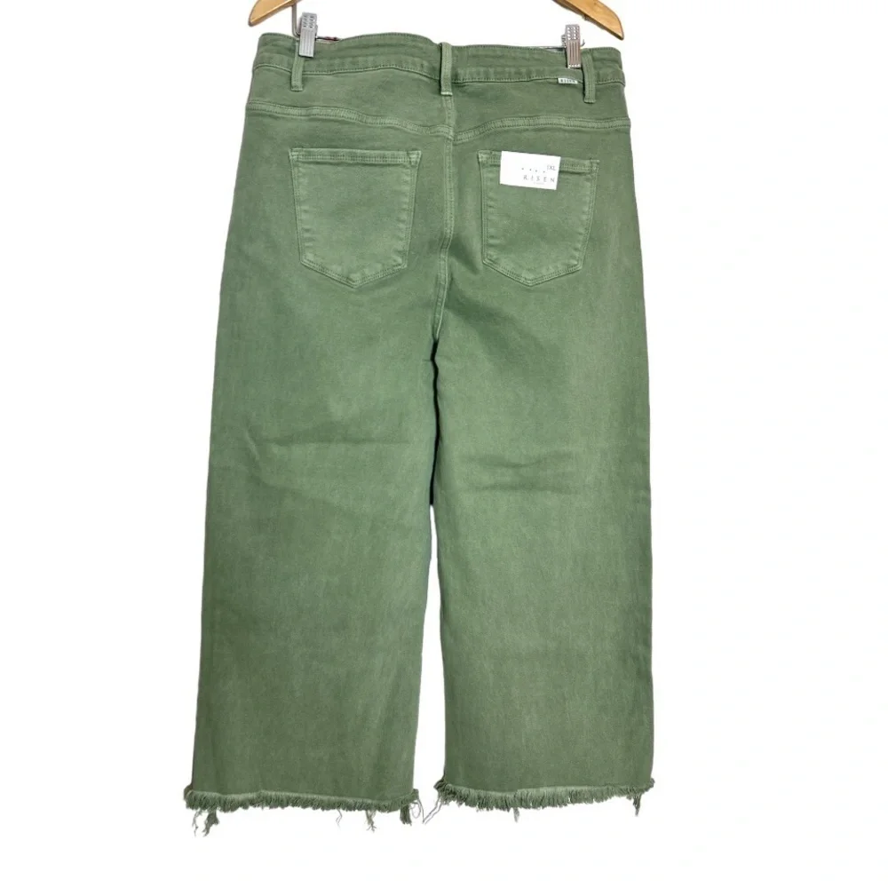 Risen Wide Leg Cropped Jeans Tummy Control in Olive Size 1XL